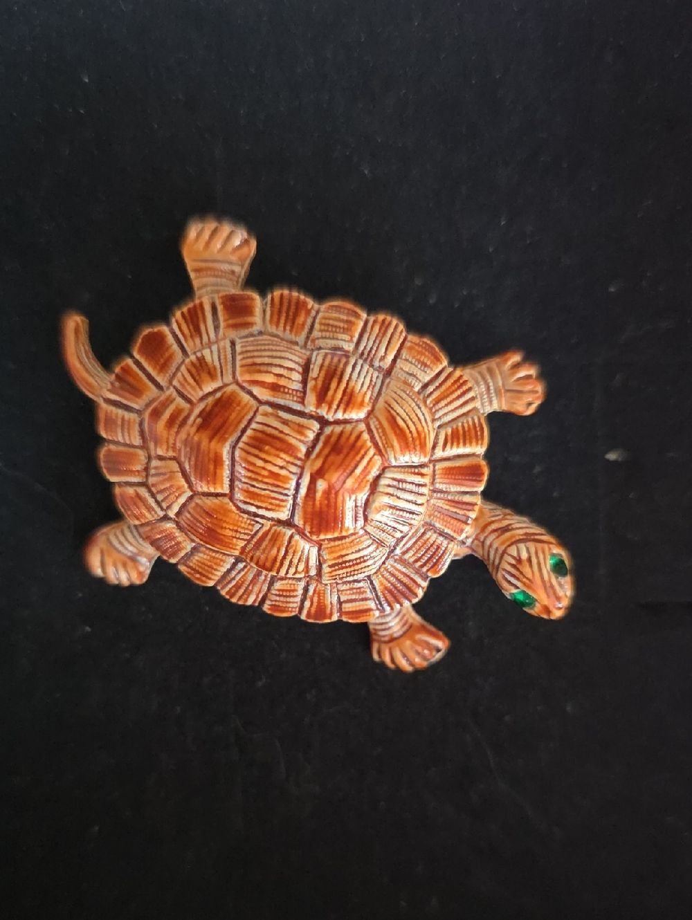 Vintage Gerry Signed Turtle Brooch Brown Enamel Green Rhinestone Eyes EUC